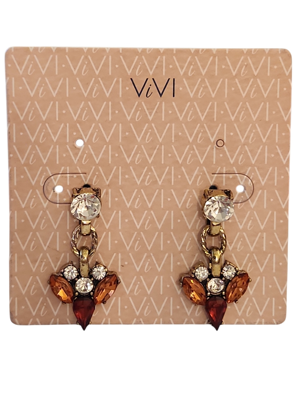 NWT ViVl Gold-Tone Red/Amber and Clear Crystal Floral Dangle Earrings